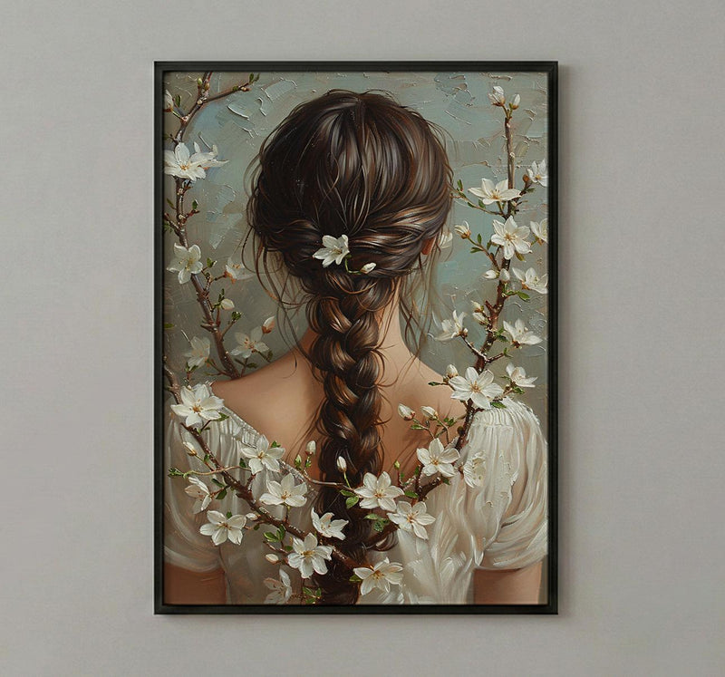 Jasmine Flower Art, Indian Braid Print, Cultural Beauty, Impasto Oil Painting, Hair Decor, White Flowers, Anniversary Gift