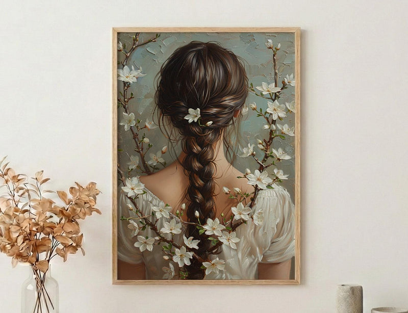 Jasmine Flower Art, Indian Braid Print, Cultural Beauty, Impasto Oil Painting, Hair Decor, White Flowers, Anniversary Gift