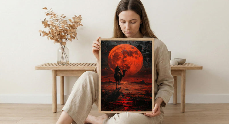 Rajasthan Art, Thar Desert Print, Camel Silhouette, Impasto Oil Painting, Red Moon, Folk Decor, Wedding Gift