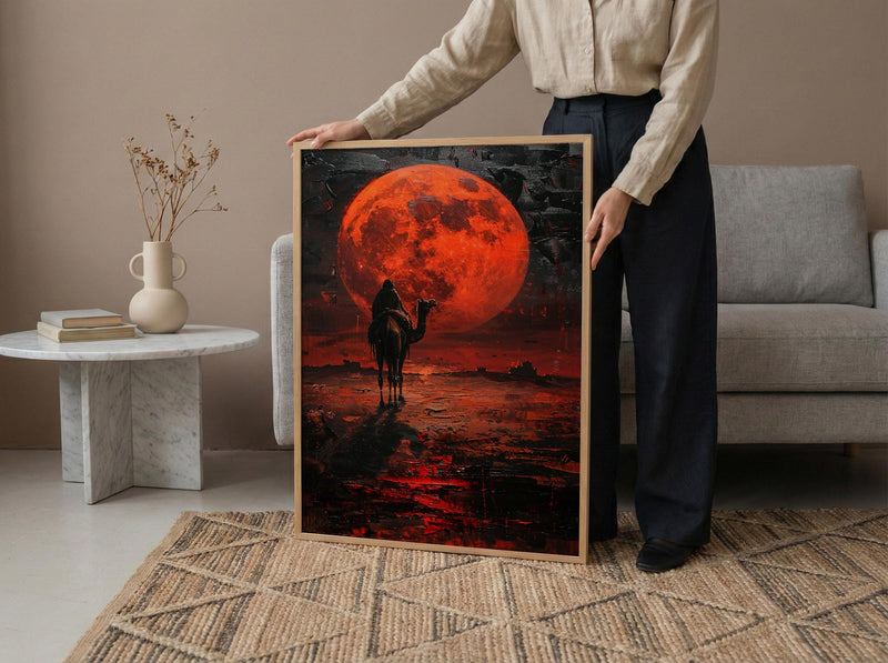 Rajasthan Art, Thar Desert Print, Camel Silhouette, Impasto Oil Painting, Red Moon, Folk Decor, Wedding Gift