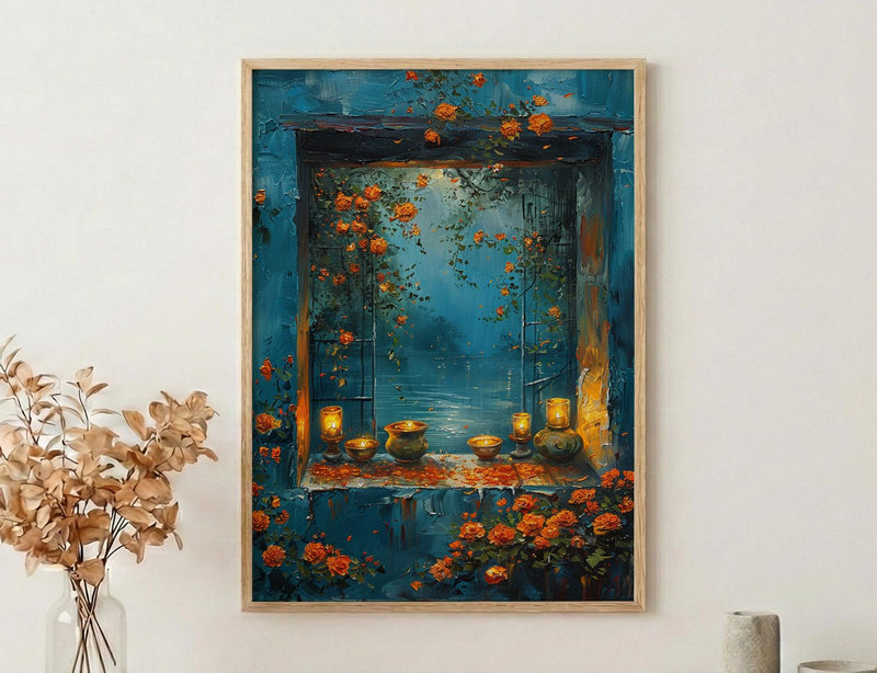 Diwali Art Print, Festival of Lights, Diya Decor, Impasto Oil Painting, Night Window, Cozy Home, Best Friend Gift