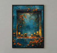 Diwali Art Print, Festival of Lights, Diya Decor, Impasto Oil Painting, Night Window, Cozy Home, Best Friend Gift
