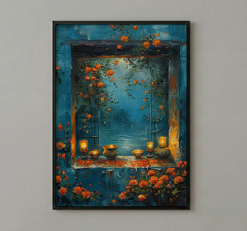 Diwali Art Print, Festival of Lights, Diya Decor, Impasto Oil Painting, Night Window, Cozy Home, Best Friend Gift