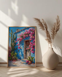 Mexico Wall Art, Blue House Print, Cobalt Blue Decor, Impasto Oil Painting, Cactus Garden, Latin Home Decor, Travel Gift