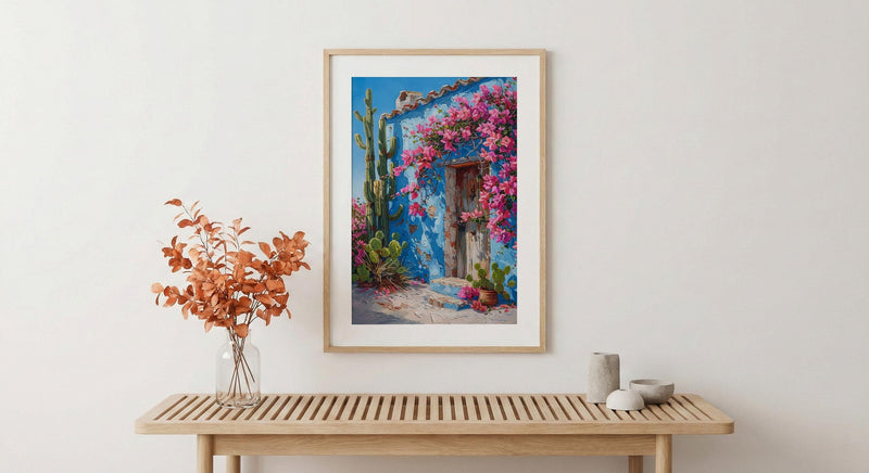 Mexico Wall Art, Blue House Print, Cobalt Blue Decor, Impasto Oil Painting, Cactus Garden, Latin Home Decor, Travel Gift