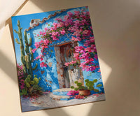 Mexico Wall Art, Blue House Print, Cobalt Blue Decor, Impasto Oil Painting, Cactus Garden, Latin Home Decor, Travel Gift