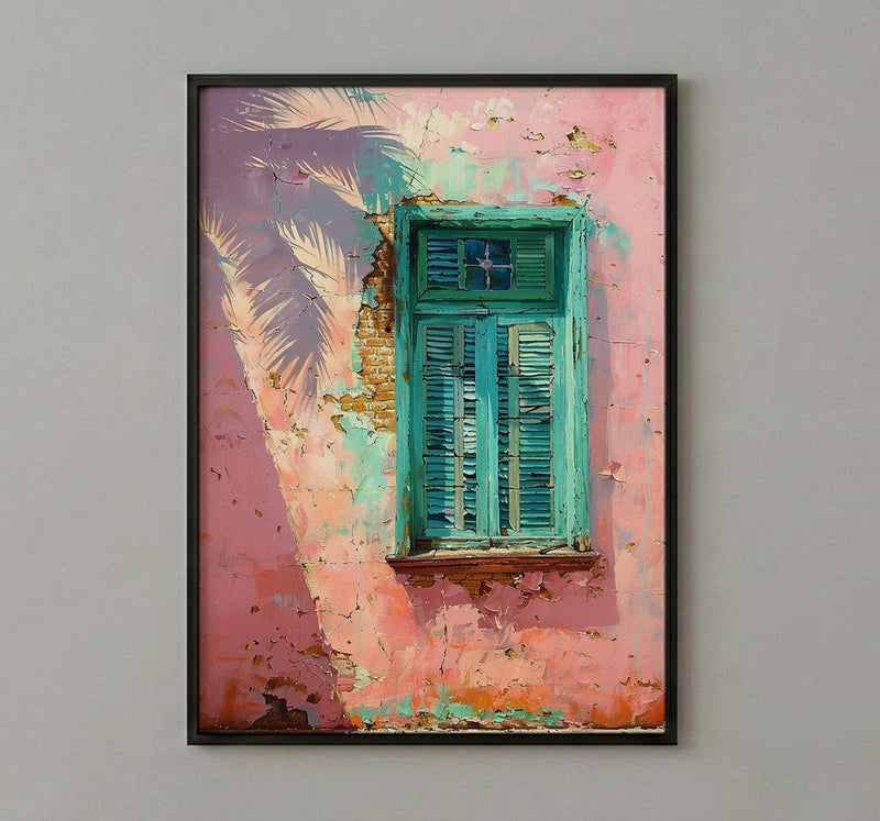 Havana Cuba Wall Art, Pink Wall Decor, Turquoise Window, Impasto Oil Painting, Pastel Tropical Print, Caribbean Vibe