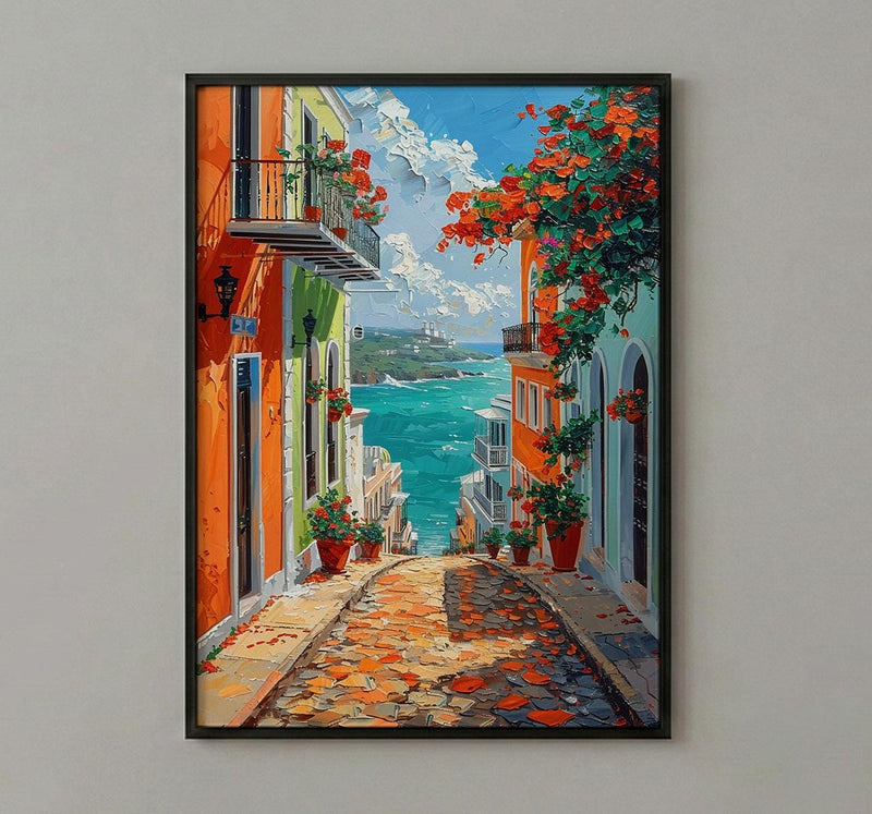 Puerto Rico Wall Art, Old San Juan Print, Colorful Street, Impasto Oil Painting, Orange House Decor, Caribbean Gift