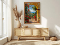 Mexican Hacienda Art, Yellow Arch Print, Garden Wall Decor, Impasto Oil Painting, Red Geraniums, Boho Patio Poster