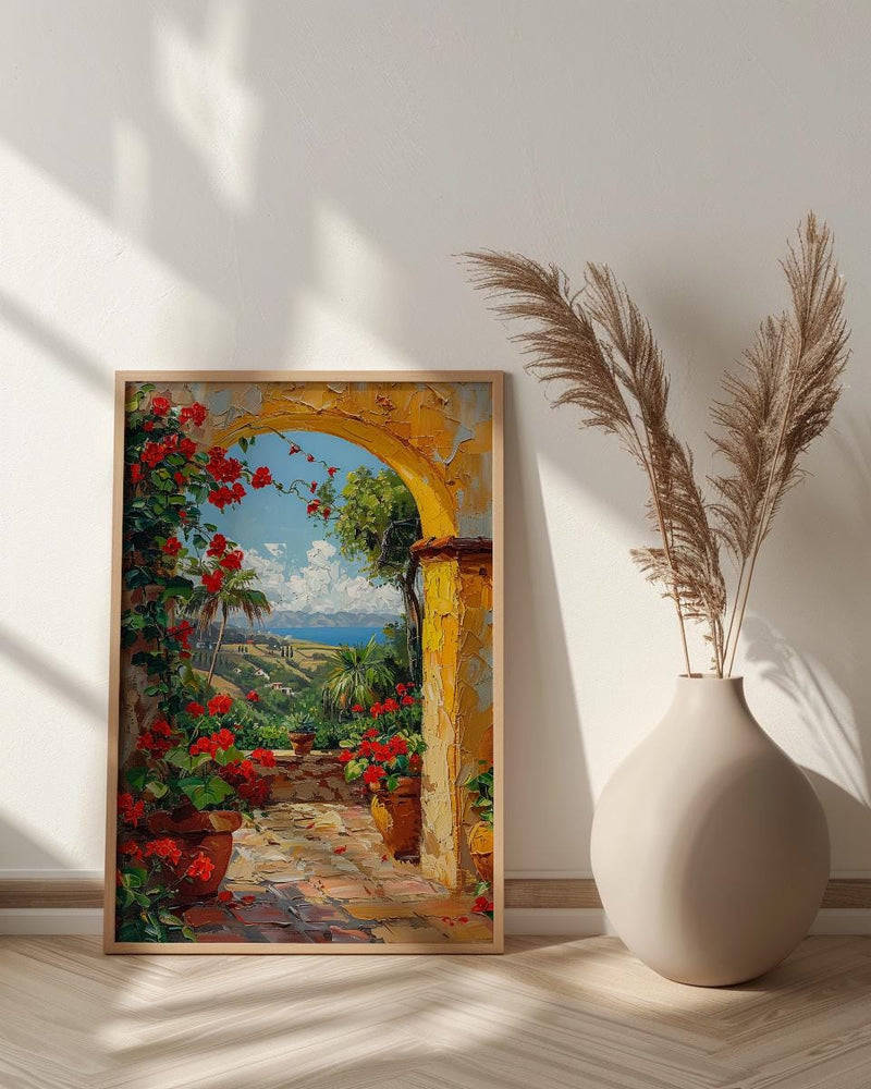Mexican Hacienda Art, Yellow Arch Print, Garden Wall Decor, Impasto Oil Painting, Red Geraniums, Boho Patio Poster
