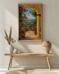 Mexican Hacienda Art, Yellow Arch Print, Garden Wall Decor, Impasto Oil Painting, Red Geraniums, Boho Patio Poster