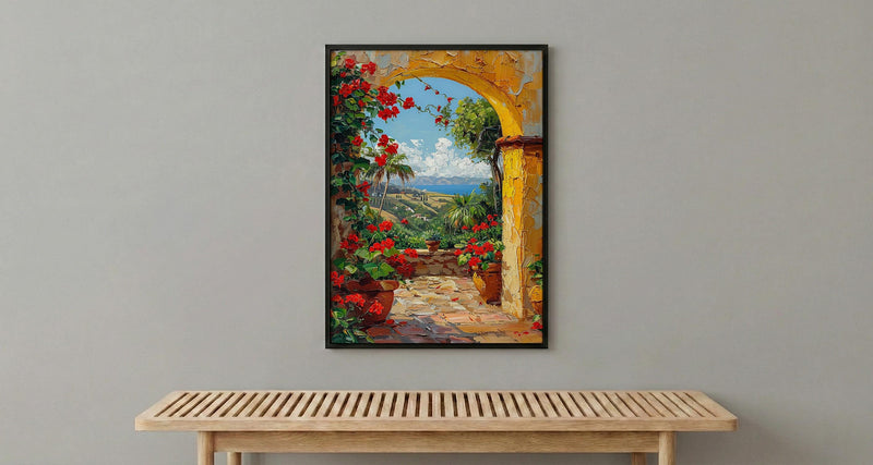 Mexican Hacienda Art, Yellow Arch Print, Garden Wall Decor, Impasto Oil Painting, Red Geraniums, Boho Patio Poster