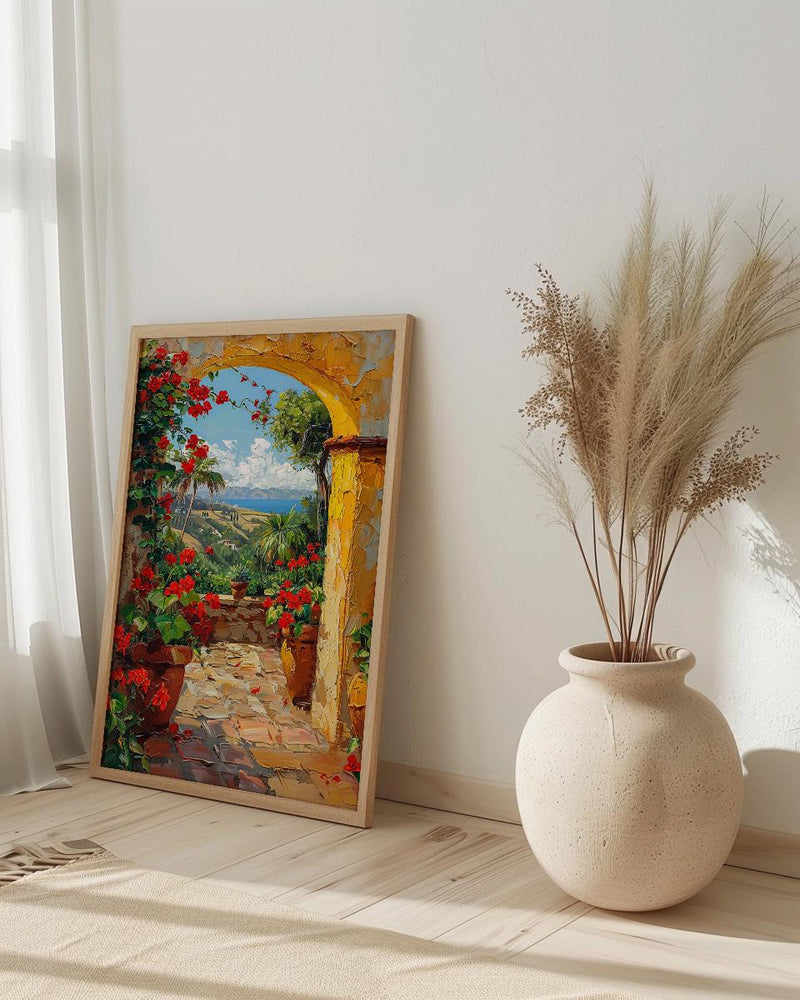 Mexican Hacienda Art, Yellow Arch Print, Garden Wall Decor, Impasto Oil Painting, Red Geraniums, Boho Patio Poster