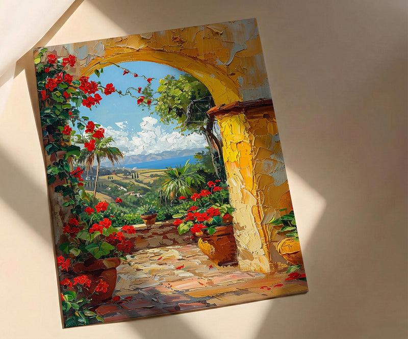 Mexican Hacienda Art, Yellow Arch Print, Garden Wall Decor, Impasto Oil Painting, Red Geraniums, Boho Patio Poster