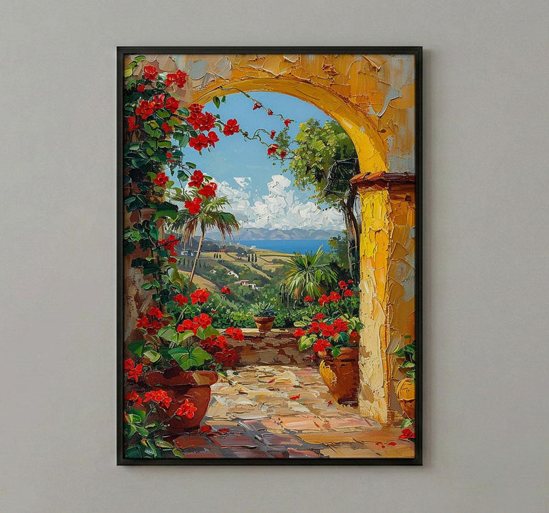 Mexican Hacienda Art, Yellow Arch Print, Garden Wall Decor, Impasto Oil Painting, Red Geraniums, Boho Patio Poster