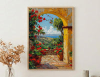 Mexican Hacienda Art, Yellow Arch Print, Garden Wall Decor, Impasto Oil Painting, Red Geraniums, Boho Patio Poster