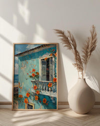 Brazil Wall Art, Salvador Bahia Print, Colonial House, Impasto Oil Painting, Pastel Blue Decor, Tropical Flowers