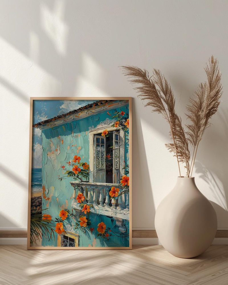 Brazil Wall Art, Salvador Bahia Print, Colonial House, Impasto Oil Painting, Pastel Blue Decor, Tropical Flowers