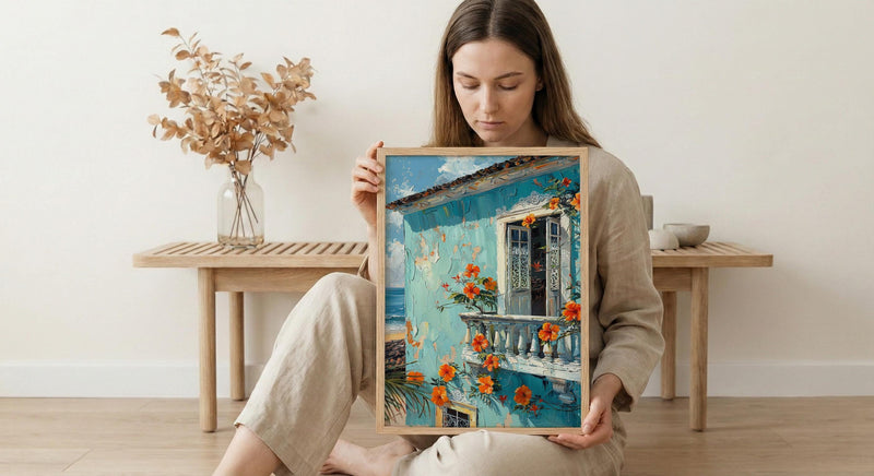 Brazil Wall Art, Salvador Bahia Print, Colonial House, Impasto Oil Painting, Pastel Blue Decor, Tropical Flowers