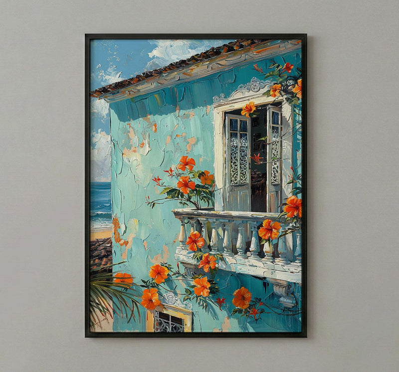 Brazil Wall Art, Salvador Bahia Print, Colonial House, Impasto Oil Painting, Pastel Blue Decor, Tropical Flowers