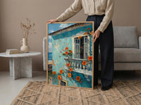 Brazil Wall Art, Salvador Bahia Print, Colonial House, Impasto Oil Painting, Pastel Blue Decor, Tropical Flowers