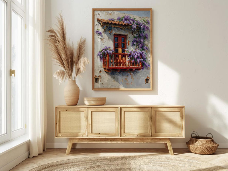 Cartagena Colombia Art, Red Balcony Print, Wisteria Flower, Impasto Oil Painting, White Wall Decor, Latin Poster