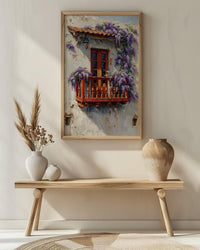 Cartagena Colombia Art, Red Balcony Print, Wisteria Flower, Impasto Oil Painting, White Wall Decor, Latin Poster