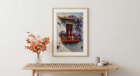 Cartagena Colombia Art, Red Balcony Print, Wisteria Flower, Impasto Oil Painting, White Wall Decor, Latin Poster