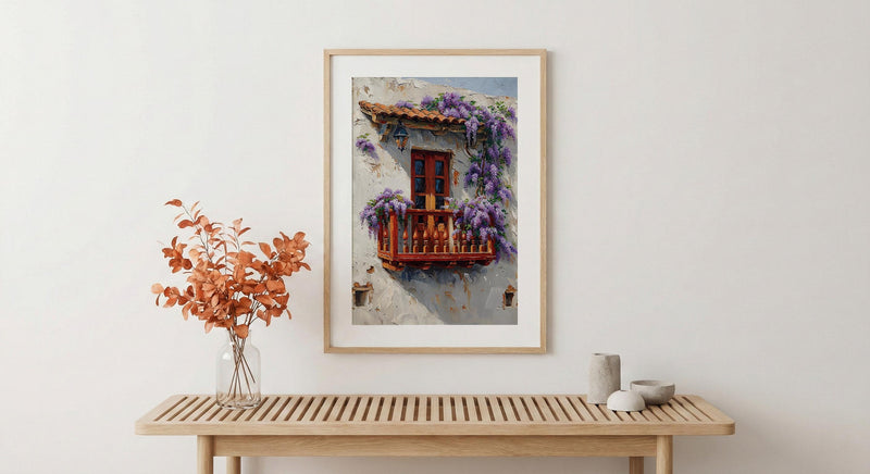 Cartagena Colombia Art, Red Balcony Print, Wisteria Flower, Impasto Oil Painting, White Wall Decor, Latin Poster