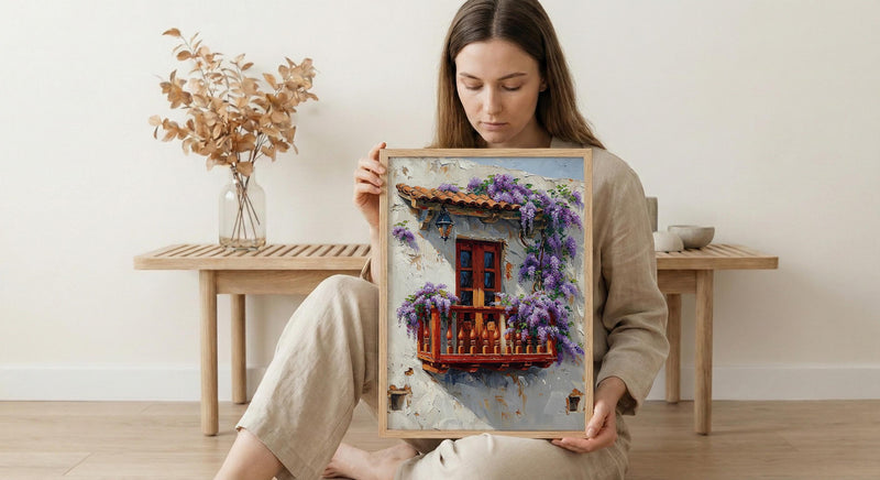Cartagena Colombia Art, Red Balcony Print, Wisteria Flower, Impasto Oil Painting, White Wall Decor, Latin Poster