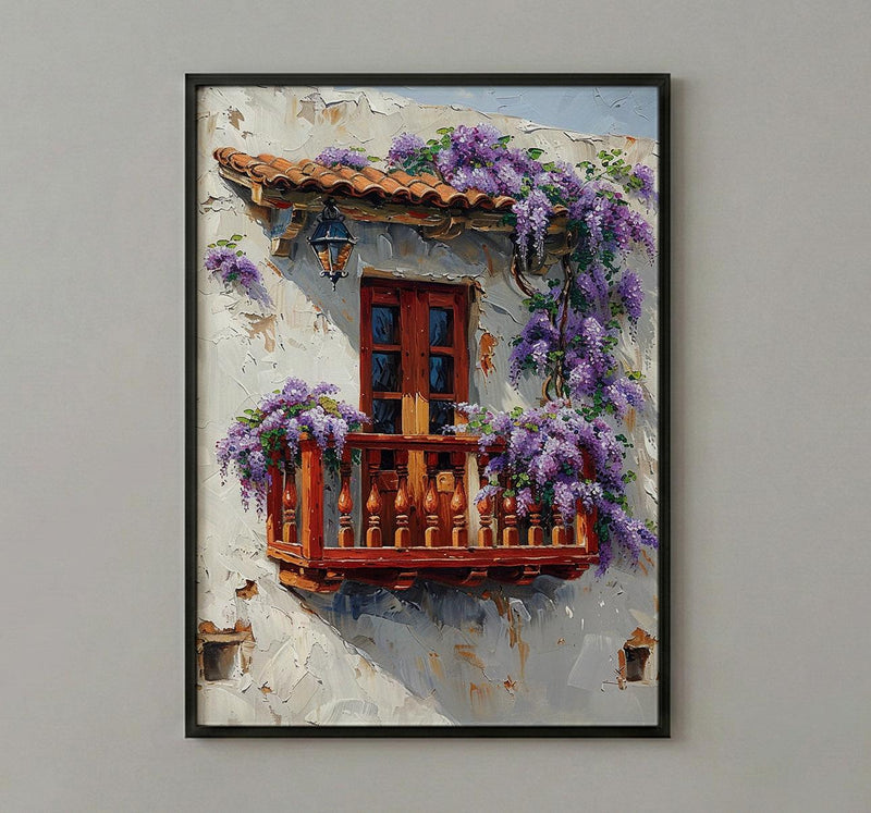 Cartagena Colombia Art, Red Balcony Print, Wisteria Flower, Impasto Oil Painting, White Wall Decor, Latin Poster