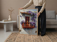 Cartagena Colombia Art, Red Balcony Print, Wisteria Flower, Impasto Oil Painting, White Wall Decor, Latin Poster