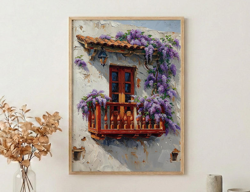 Cartagena Colombia Art, Red Balcony Print, Wisteria Flower, Impasto Oil Painting, White Wall Decor, Latin Poster