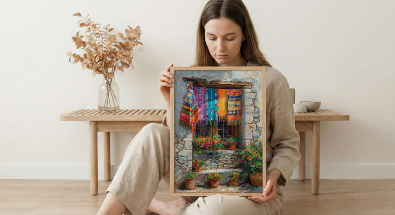 Guatemala Wall Art, Textile Pattern Print, Colorful Window, Impasto Oil Painting, Boho Cultural Art, Travel Gift