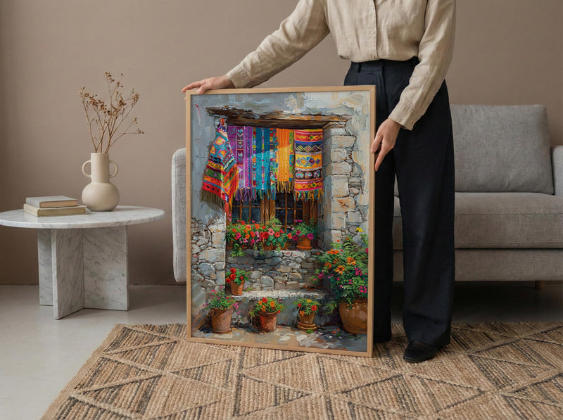Guatemala Wall Art, Textile Pattern Print, Colorful Window, Impasto Oil Painting, Boho Cultural Art, Travel Gift