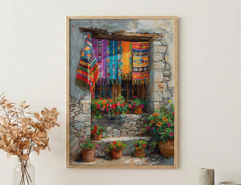 Guatemala Wall Art, Textile Pattern Print, Colorful Window, Impasto Oil Painting, Boho Cultural Art, Travel Gift