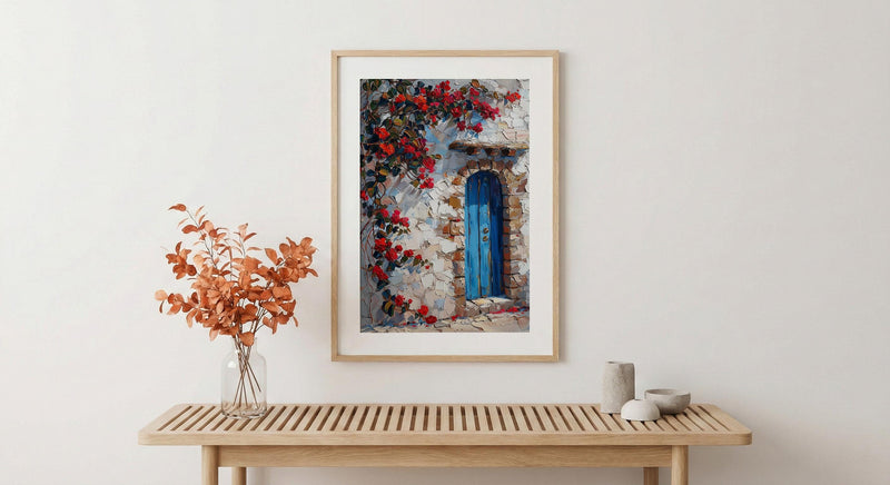 Cusco Peru Wall Art, Inca Stone Wall Print, Blue Door, Impasto Oil Painting, Red Flowers, Andes Decor, Travel Gift