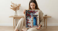 Cusco Peru Wall Art, Inca Stone Wall Print, Blue Door, Impasto Oil Painting, Red Flowers, Andes Decor, Travel Gift