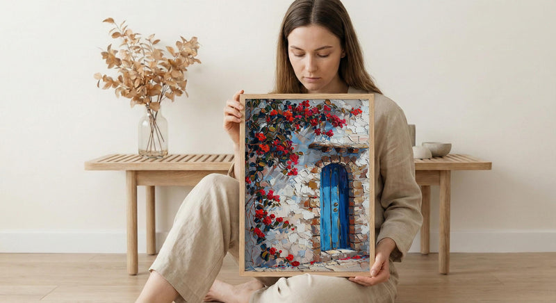 Cusco Peru Wall Art, Inca Stone Wall Print, Blue Door, Impasto Oil Painting, Red Flowers, Andes Decor, Travel Gift