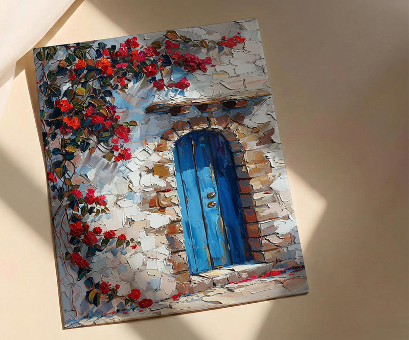 Cusco Peru Wall Art, Inca Stone Wall Print, Blue Door, Impasto Oil Painting, Red Flowers, Andes Decor, Travel Gift