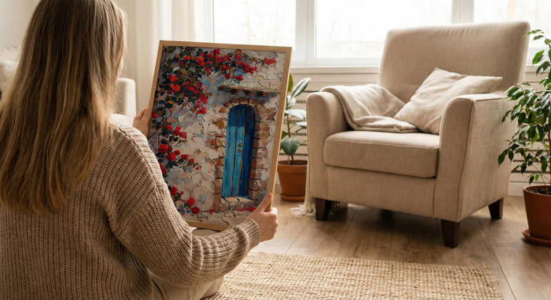 Cusco Peru Wall Art, Inca Stone Wall Print, Blue Door, Impasto Oil Painting, Red Flowers, Andes Decor, Travel Gift