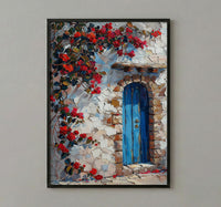 Cusco Peru Wall Art, Inca Stone Wall Print, Blue Door, Impasto Oil Painting, Red Flowers, Andes Decor, Travel Gift
