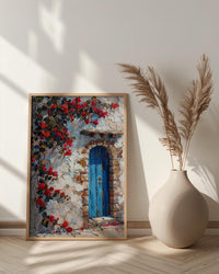 Cusco Peru Wall Art, Inca Stone Wall Print, Blue Door, Impasto Oil Painting, Red Flowers, Andes Decor, Travel Gift