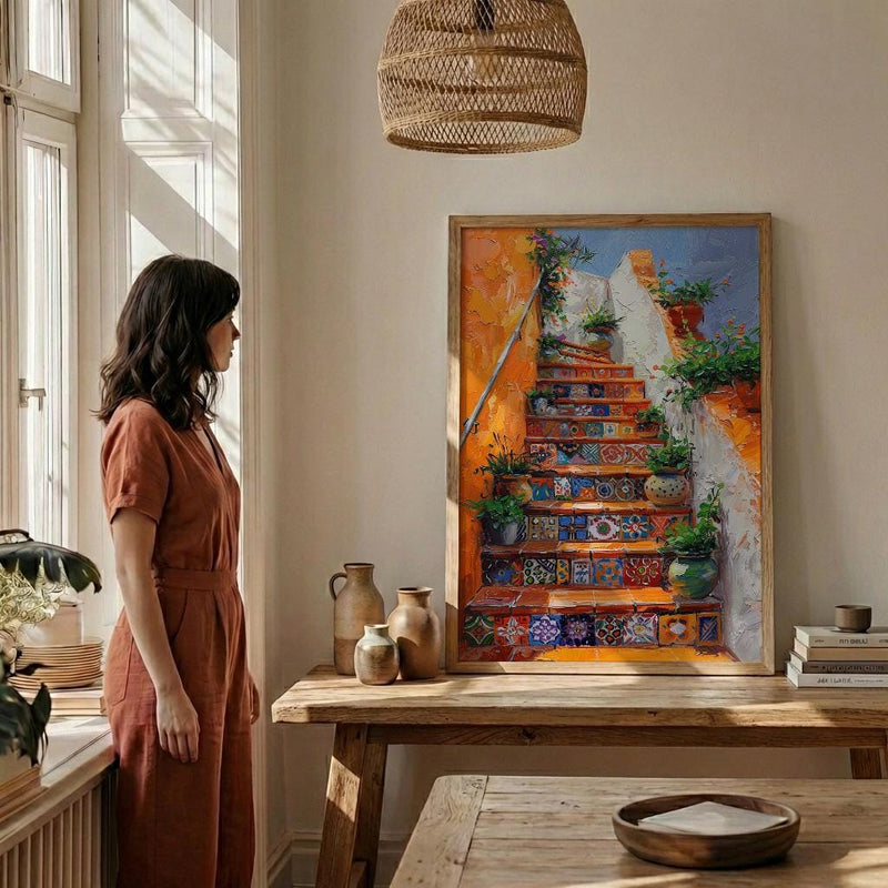 Mexican Tile Art, Orange Stairs Print, Talavera Decor, Impasto Oil Painting, Potted Plants, Vibrant Home, Summer