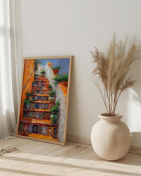 Mexican Tile Art, Orange Stairs Print, Talavera Decor, Impasto Oil Painting, Potted Plants, Vibrant Home, Summer