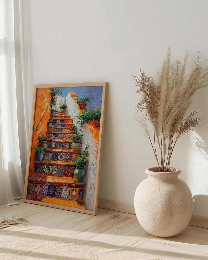 Mexican Tile Art, Orange Stairs Print, Talavera Decor, Impasto Oil Painting, Potted Plants, Vibrant Home, Summer