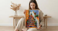 Mexican Tile Art, Orange Stairs Print, Talavera Decor, Impasto Oil Painting, Potted Plants, Vibrant Home, Summer
