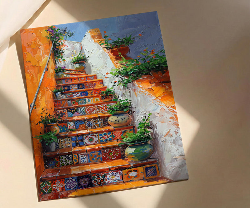Mexican Tile Art, Orange Stairs Print, Talavera Decor, Impasto Oil Painting, Potted Plants, Vibrant Home, Summer