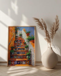 Mexican Tile Art, Orange Stairs Print, Talavera Decor, Impasto Oil Painting, Potted Plants, Vibrant Home, Summer