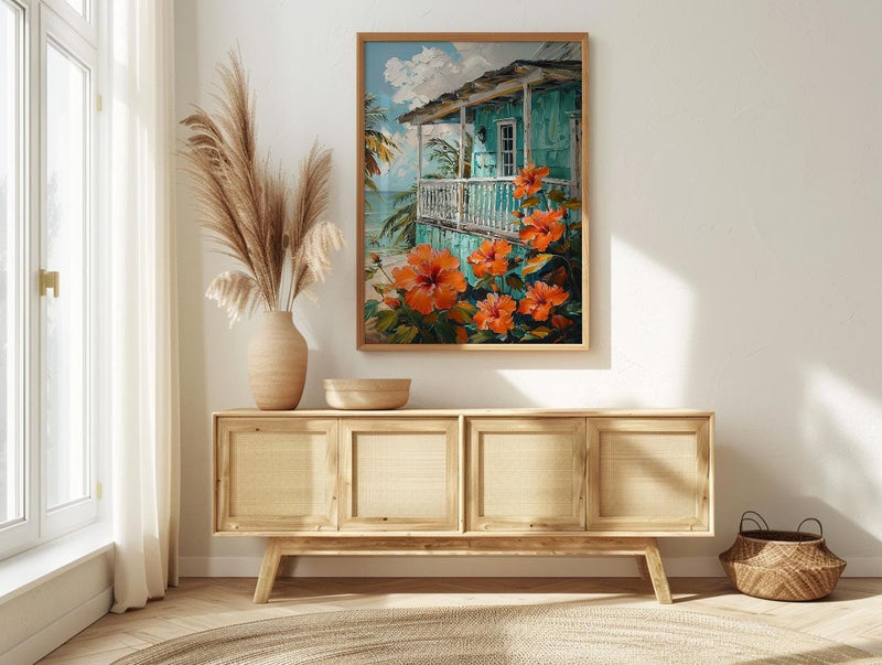 Caribbean Wall Art, Turquoise House Print, Hibiscus Flower, Impasto Oil Painting, Tropical Decor, Beach Cottage